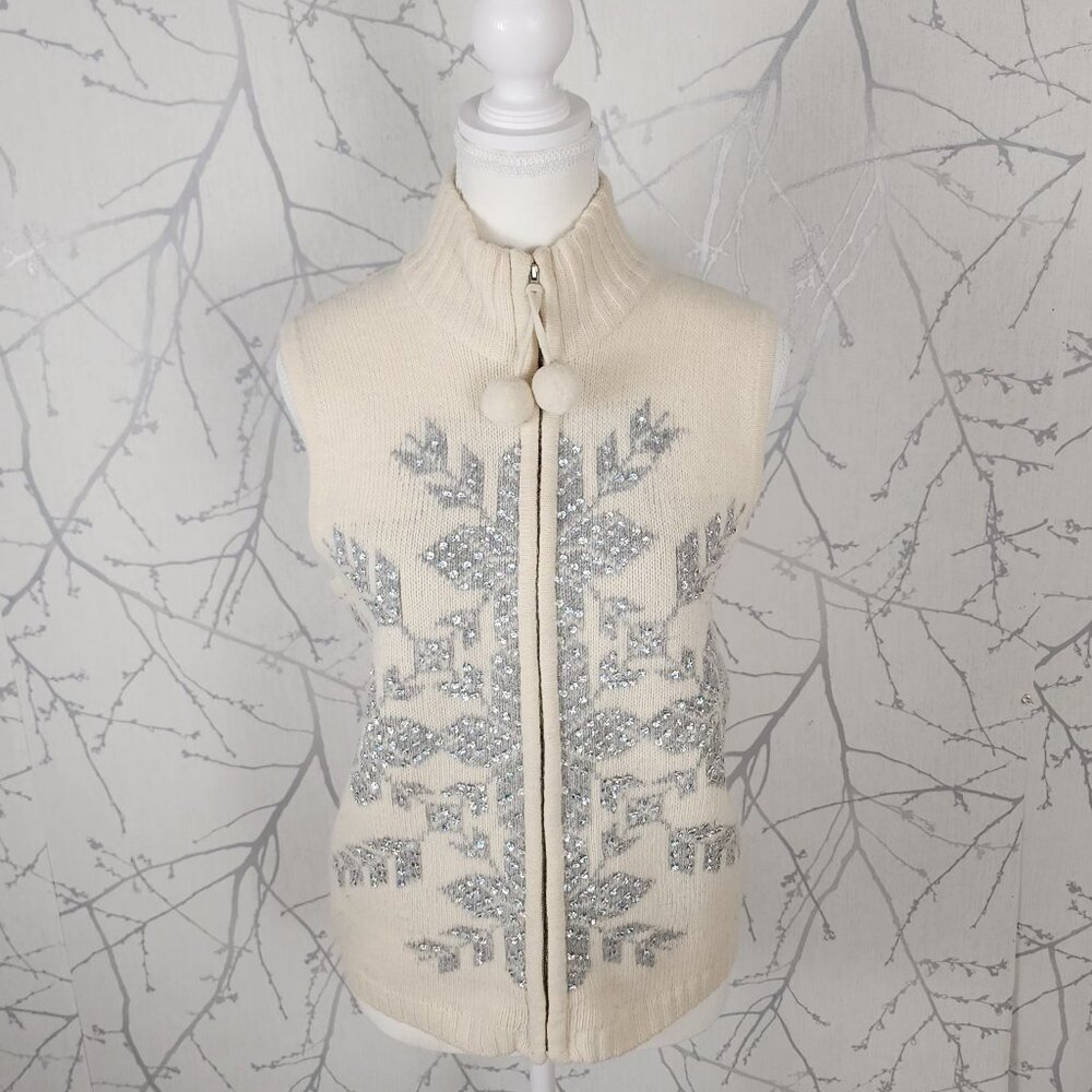 Tabi Lambswool Angora Blend Sequin Snowflake Full Zip Turtleneck Sweater Vest